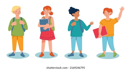 Children back to school, set of cute characters. Vector illustration in flat style