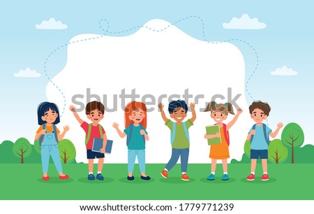 Children back to school, set of cute characters and copy space. Vector illustration in flat style