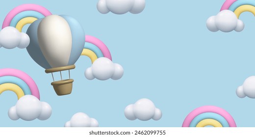 Fondo de los niños. Cielo de Vector 3d con arco iris, nubes, globo de aire y espacio de copia para texto. Anuncio Horizontal tridimensional lindo del color pastel del bebé.