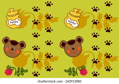 Children background (bear, honey, raspberries and traces)