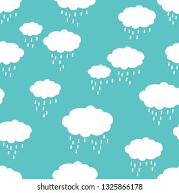 Children background with clouds. Rainy weather. White clouds on the blue background. Drops of water. Seamless pattern with fluffy clouds. Weather. Rain. 