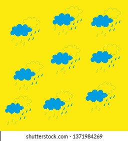 Children background with clouds. Rainy weather. White clouds on the yellow background. Drops of water.