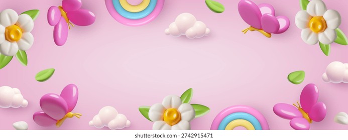 Children background in cute 3d style with pink, girly spring and summer elements - flowers, butterflies, clouds and rainbows. Vector illustration.