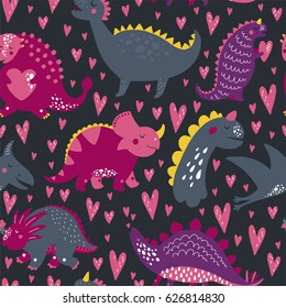 Children background with cute dinosaurs. Seamless pattern with baby animals