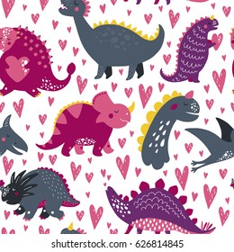Children background with cute dinosaurs. Seamless pattern with baby animals