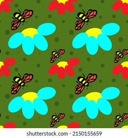 Children background.Bee and flower on a green background,seamless pattern,texture for design,wallpaper and tiles,vector illustration
