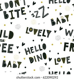 Children background with hand drawn text. Seamless pattern with baby lettering