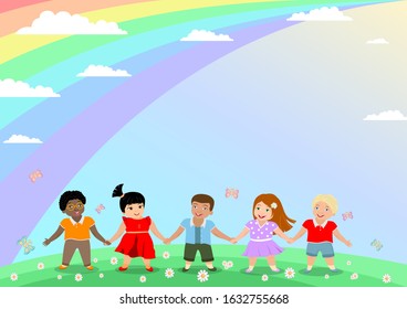 children background, happy children of different world races and skin colors hold hands, smile, standing on the lawn, in the sky the sun and rainbow. Template for announcement, diploma, certificate