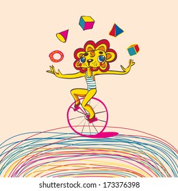 Children background with juggling lion by bicycle. Place for text. Hand drawing. Vector illustration.