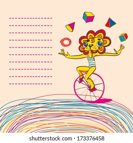 Children background with juggling lion by bicycle. Place for text. Hand drawing. Vector illustration.