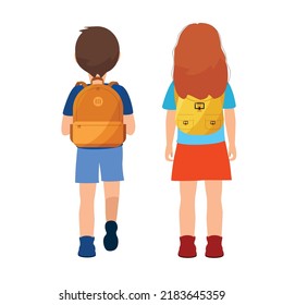 children with backpack back view.  Schoolboy and schoolgirl with bags isolated on the white background. View from the back. 