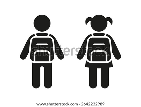 Children with backpack for school black icon boy and girl. Kids back outline silhouette. Symbol little people. Vector illustration