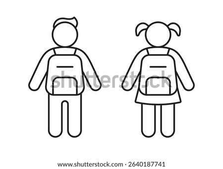 Children with backpack for school line icon boy and girl. Kids back outline silhouette. Symbol little people. Vector illustration