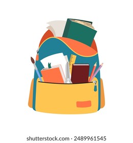 Children backpack with stationery. Open kids bag with school supplies. Back to school concept. Books, diary, pencils, paper and ruler. Education and study learning. Vector illustration in flat style.