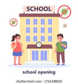 Children with backpack walking back to school after pandemic. Coronavirus lockdown end. Public school reopening after Covid-19. Isolated vector illustration