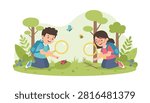 Children with backpacks exploring a nature scene with magnifying glasses to look for bugs and butterflies in forest.