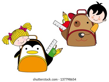 Children with backpacks for school shaped dog and penguin