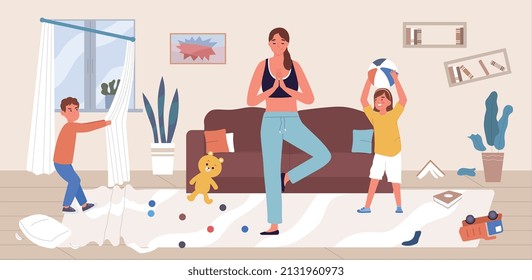 Children bad behavior flat composition with kids making mess in home interior and mother standing in meditation pose vector illustration