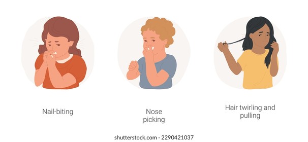 Niños malos hábitos aislados dibujos animados ilustrados vectoriales conjunto. El hábito de morder las uñas, el niño que coge su nariz, el pelo de chica que se gira y se tira del pelo, el niño está nervioso, el dibujo del vector de estrés infantil.