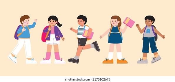 Children With Bag And Book Go To School, Learning And Playing, Vector, Illustration