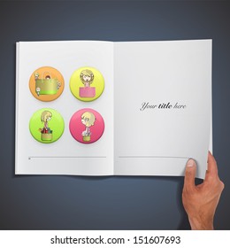 Children with bags inside a button printed on book. Vector design