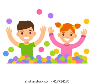 Children in ball pit illustration. Cute cartoon boy and girl playing in a ball pit.