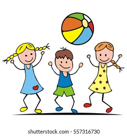 Children and ball. Two girls and a boy are playing with a ball. Vector illustration.