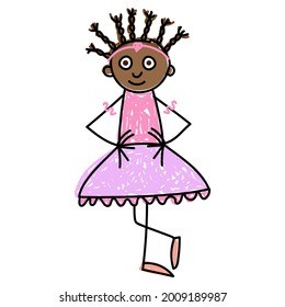 Children ballet classes. Dark skinned african american little ballerina with brown eyes in pink costume and pink dance shoes makes her exercises vector illustration kids Drawing style
