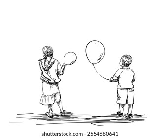 Children with balloons, Back view of girl with two pigtails, dressed in hoodie and skirt and little boy in summer clothes, Vector sketch, Hand drawn illustration brother and sister