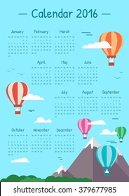 Children with balloons calendar for 2016. Clouds in the blue sky. Week starts on Sunday