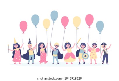 Children with balloons in carnival costumes for their birthday. To participate in the holiday, girls and boys dressed up in costumes of heroes. Childhood carnival. Flat vector illustration.