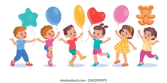 Children with balloons. Cute kids hold different shapes air balloons. Happy girls and boys with helium inflated toys. Birthday party. Funny little people happiness