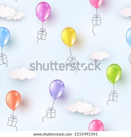 Children balloons with drawing gift boxes on cloudy blue sky background. Vector kid ballon seamless pattern for Happy Birthday  or child party design template
