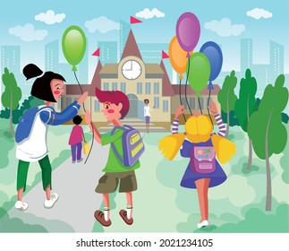Kinder mit Ballons gehen zur Schule