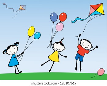 children with a balls and kite