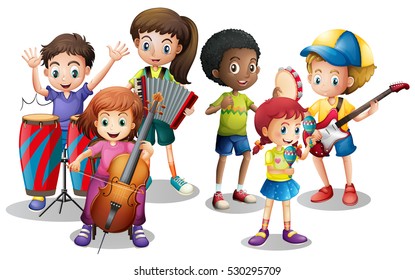Children in band playing different instruments illustration