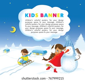 Children banner. Happy Kids Boy and Girl Playing with Cute Dressed Snowman and ride a sled at Winter Season in Snowy Ground Background. Holiday Greeting Card, Banner, Poster Template.