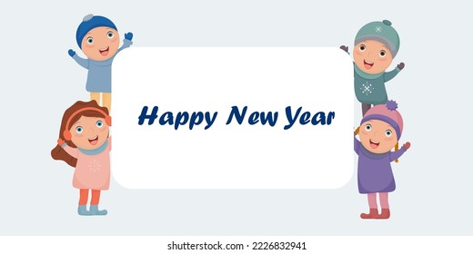 Children with banner.  Children in winter clothes hold a banner with the text Happy New year. Vector