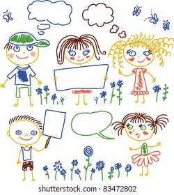 children with banners and a set of hand drawn flowers