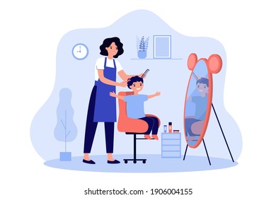 Children barber cutting boys hair. Female hairdresser with scissors and brush doing kids haircut. Vector illustration for beauty salon for kids, barbershop, hairdressing job concept