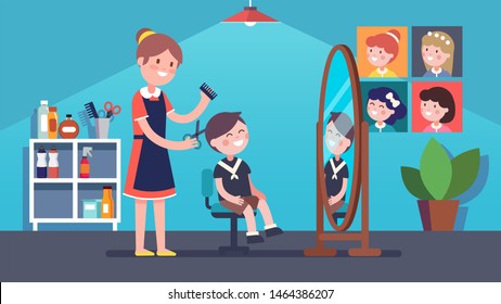 Children barber hairdresser woman doing boy kid client haircut in beauty hairdressing salon. Smiling child sitting on chair in front of mirror. Hair salon interior. Flat vector illustration