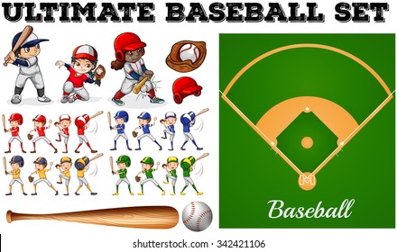 Cartoon Kids Playing Baseball. Vector Clip Art Illustration On A