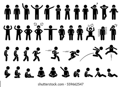 Children basic poses, actions, postures, feelings, and emotions. The kid is happy, angry, sad, and crying. Side views include walking, running, jumping, and sitting. 