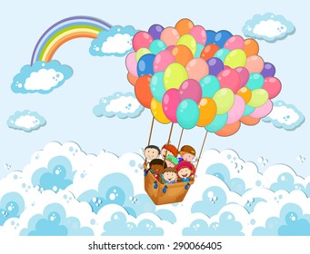 Kinder im Korb, die mit Ballons schwimmen