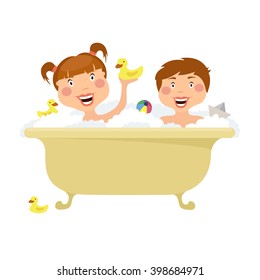 Children bath in the bathroom. The boy and girl, hygiene, vector graphics