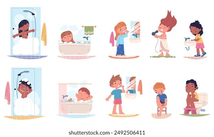 Higiene de baño para niños. Rutina de autocuidado de los niños, lavarse las manos jabón tomar ducha bañera champú cepillarse los dientes en el cuarto de baño todos los días por la mañana, dibujos animados niños con clase Ilustración vectorial autores gráficos