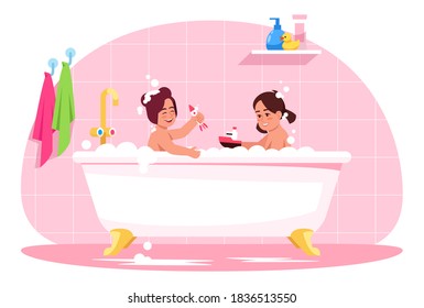 Children In Bath Semi Flat RGB Color Vector Illustration. Kids Play With Plastic Toys. Bubble Bath For Sisters Hygiene. Little Girls In Tub Isolated Cartoon Characters On Pink Background