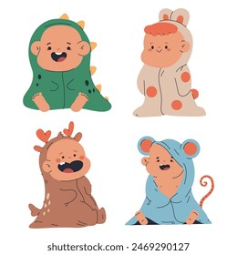 Children in bath towels vector cartoon set isolated on a white background.