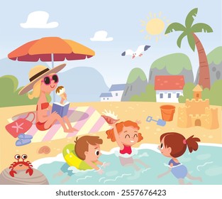 Children bathing and swimming in blue water in tropical sea at tropical resort with palm trees on background. Vector illustration. Mother with kids enjoying summer vacation, rest sunbathing on seaside