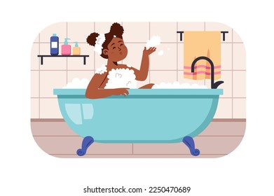 Children in bathroom concept with people scene in flat design. Happy teenager girl washes and plays with soapy foam while sitting in tub bathroom. Vector illustration with character situation for web